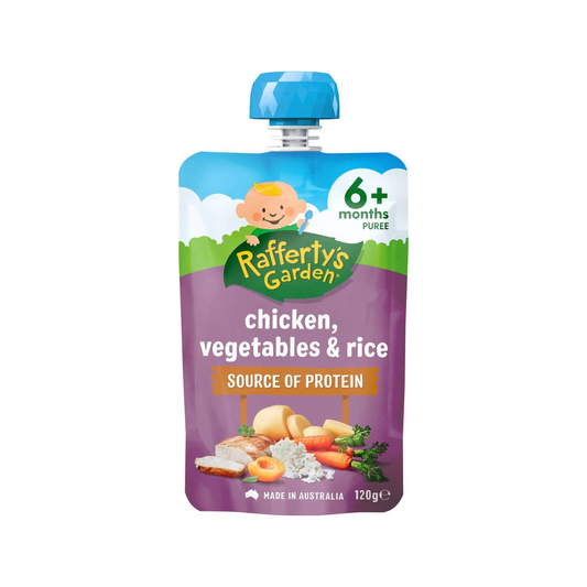Rafferty's Garden Chicken Vegetables & Rice Baby Food Pouch 6+ Months is made from premium Australian meat fruits & vegetables. No artificial colour or flavor. Halal certified. Best imported foreign Australian Aussie genuine authentic premium quality real child snack healthy price in Dhaka Chittagong Sylhet Bangladesh.