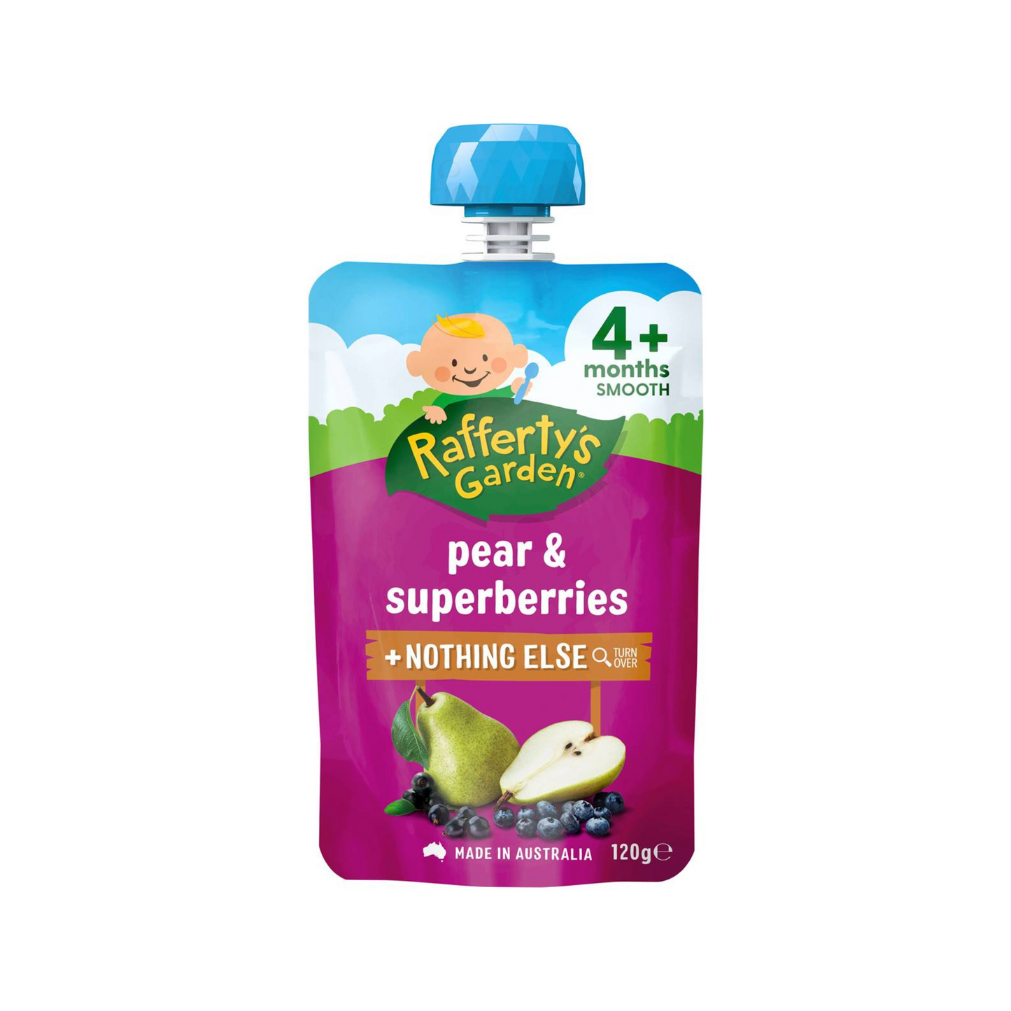 Rafferty's Garden Pear & Superberries Baby Food Pouch 6+ Months is made from premium Australian meat fruits & vegetables. No artificial colour or flavor. Halal certified. Best imported foreign Australian Aussie genuine authentic premium quality real child snack healthy price in Dhaka Chittagong Sylhet Bangladesh.