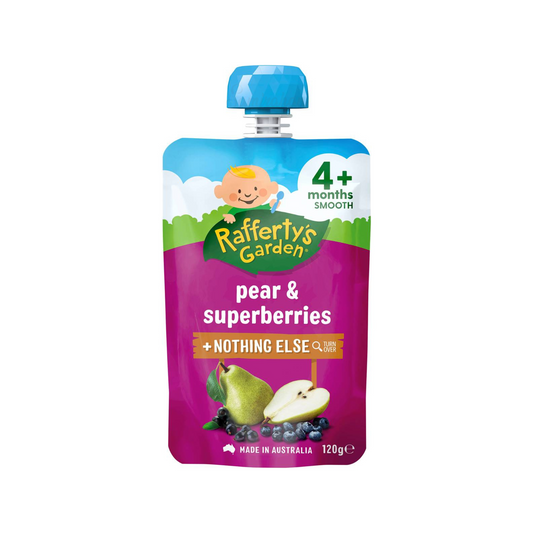 Rafferty's Garden Pear & Superberries Baby Food Pouch 6+ Months is made from premium Australian meat fruits & vegetables. No artificial colour or flavor. Halal certified. Best imported foreign Australian Aussie genuine authentic premium quality real child snack healthy price in Dhaka Chittagong Sylhet Bangladesh.