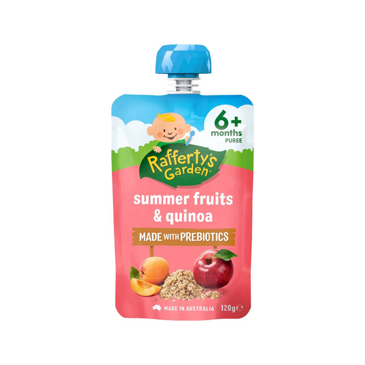 Rafferty's Garden Summer Fruits & Quinoa Baby Food Pouch 6+ Months is made from premium Australian fruits & vegetables. No artificial colour or flavor. Halal certified. Best imported foreign Australian Aussie genuine authentic premium quality real child snack healthy price in Dhaka Chittagong Sylhet Bangladesh.