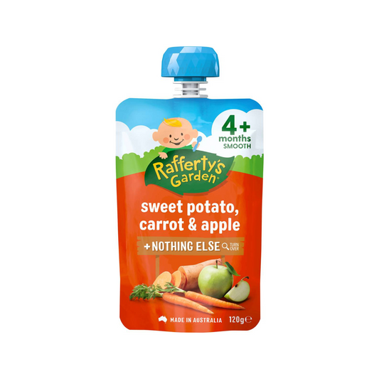 Rafferty's Garden Sweet Potato Carrot & Apple Baby Food Pouch 6+ Months is made from premium Australian fruits & vegetables. No artificial colour or flavor. Halal certified. Best imported foreign Australian Aussie genuine authentic premium quality real child snack healthy price in Dhaka Chittagong Sylhet Bangladesh.