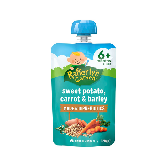 Rafferty's Garden Sweet Potato Carrot & Barley Baby Food Pouch 6+ Months is made from premium Australian fruits & vegetables. No artificial colour or flavor. Halal certified. Best imported foreign Australian Aussie genuine authentic premium quality real child snack healthy price in Dhaka Chittagong Sylhet Bangladesh.
