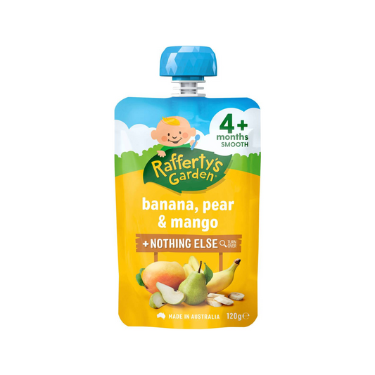 Rafferty's Garden Banana Pear & Mango Baby Food Puree Pouch 4+ Months is made from premium Australian fruits & vegetables. No artificial colour or flavors. Halal certified. Best imported foreign Australian Aussie genuine authentic premium quality real child snack healthy price in Dhaka Chittagong Sylhet Bangladesh.
