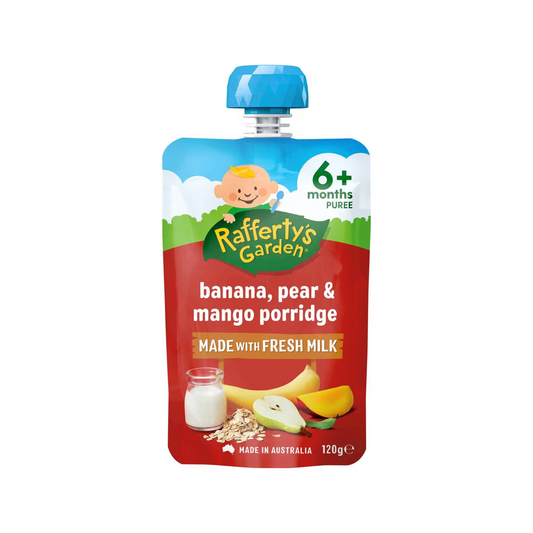 Rafferty's Garden Banana Pear & Mango Porridge Baby Food Pouch 6+ Months is made from premium Australian fruits & vegetables. No artificial colour or flavors. Halal certified. Best imported foreign Australian Aussie genuine authentic premium quality real child snack healthy price in Dhaka Chittagong Sylhet Bangladesh.