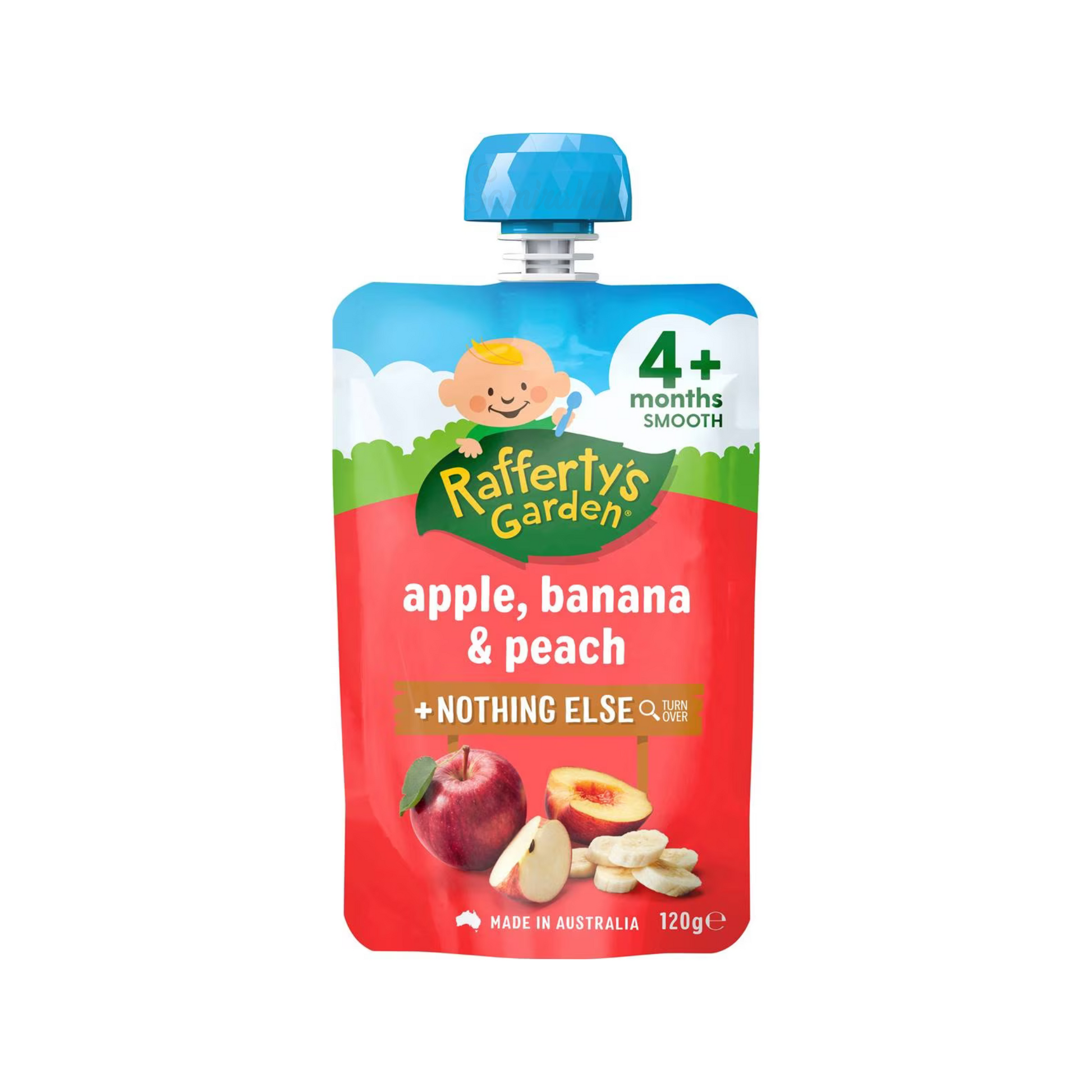 Rafferty's Garden Apple Banana & Peach Baby Food Pouch 4+ Months 120g is made from premium Australian fruits & vegetables. No artificial colour or flavor. Halal certified. Best imported foreign Australian Aussie genuine authentic premium quality real child snack healthy price in Dhaka Chittagong Sylhet Bangladesh.