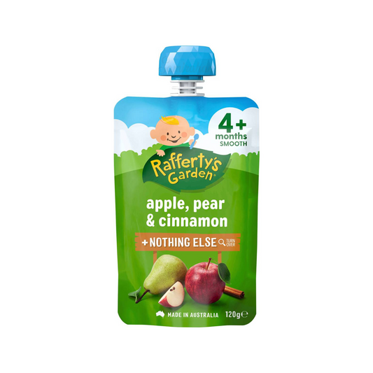 Rafferty's Garden Apple Pear & Cinnamon Baby Food Pouch 4+ Months 120g is made from premium Australian fruits & vegetables. No artificial colour or flavors. Halal certified. Best imported foreign Australian Aussie genuine authentic premium quality real child snack healthy price in Dhaka Chittagong Sylhet Bangladesh.