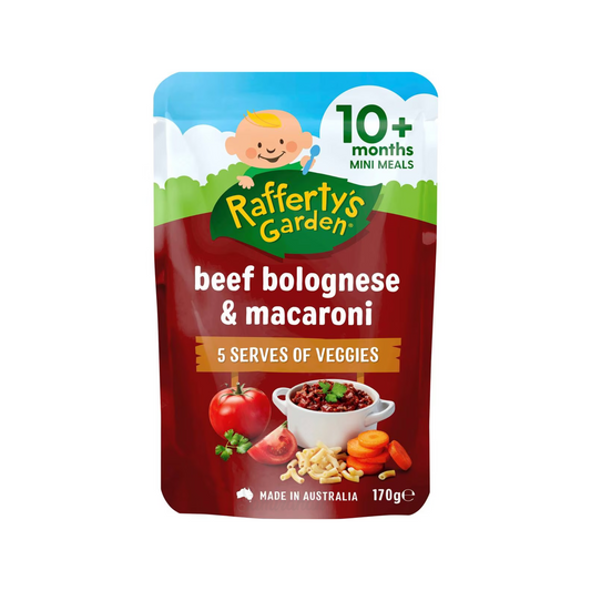 Rafferty's Garden Beef Bolognese & Macaroni Baby Food Pouch 10+ Months is made from premium Australian fruits & vegetables. No artificial colour or flavors. Halal certified. Best imported foreign Australian Aussie genuine authentic premium quality real child snack healthy price in Dhaka Chittagong Sylhet Bangladesh.