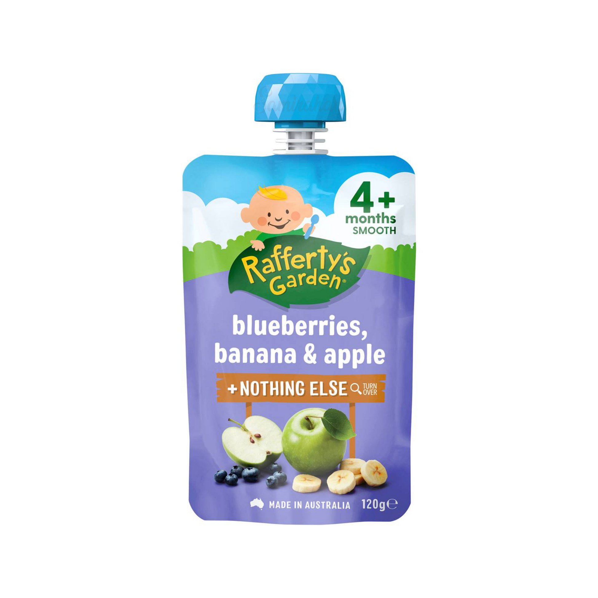 Rafferty's Garden Blueberries, Banana & Apple Baby Food Pouch 4+ Months is made from premium Australian fruits & vegetables. No artificial colour or flavors. Halal certified. Best imported foreign Australian Aussie genuine authentic premium quality real child snack healthy price in Dhaka Chittagong Sylhet Bangladesh.