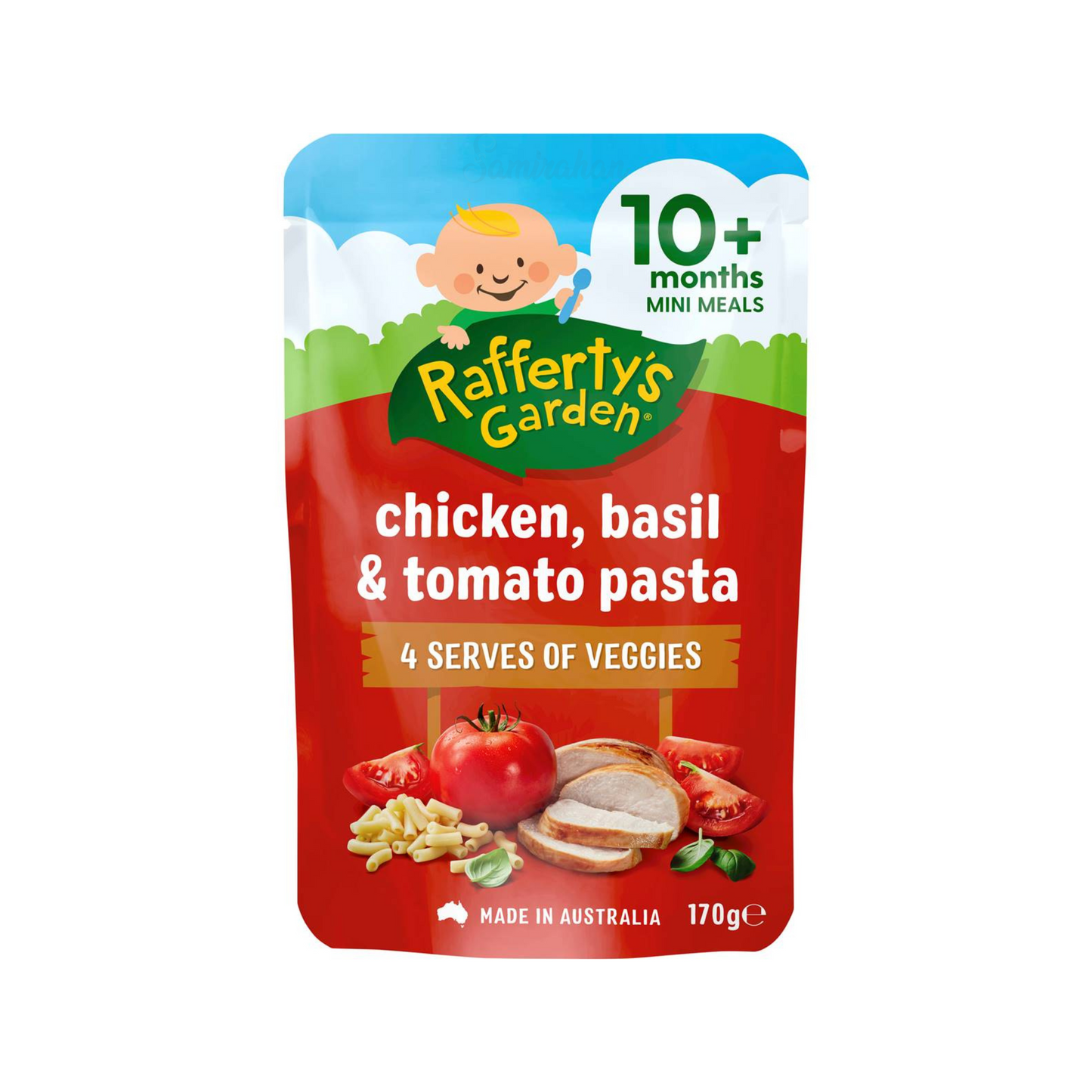 Rafferty's Garden Chicken Basil & Tomato Pasta Baby Food Pouch 10+ Months is made from premium Australian fruits & vegetables. No artificial colour or flavors. Halal certified. Best imported foreign Australian Aussie genuine authentic premium quality real child snack healthy price in Dhaka Chittagong Sylhet Bangladesh.