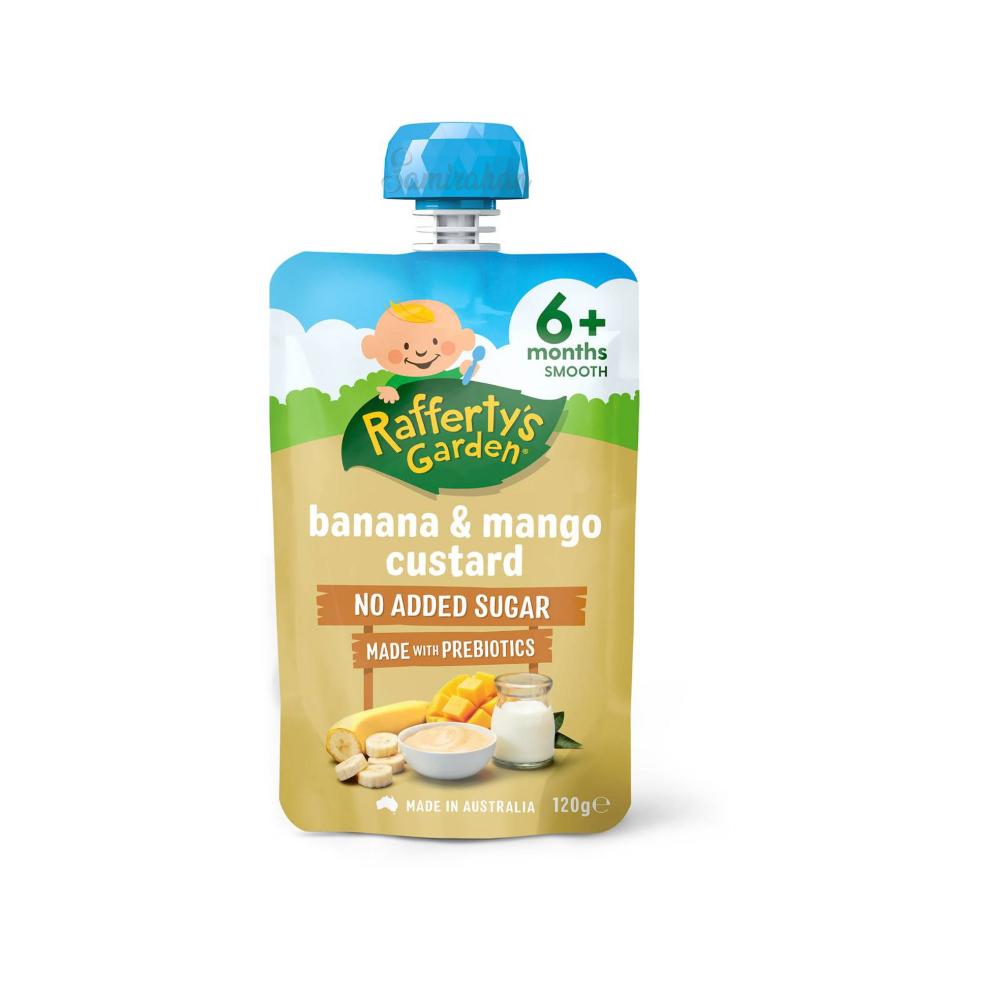 Rafferty's Garden Banana & Mango Custard Dessert Baby Food Pouch 6+ Months is made from premium Australian fruits & vegetables. No artificial colour or flavor. Halal certified. Best imported foreign Australian Aussie genuine authentic premium quality real child snack healthy price in Dhaka Chittagong Sylhet Bangladesh.