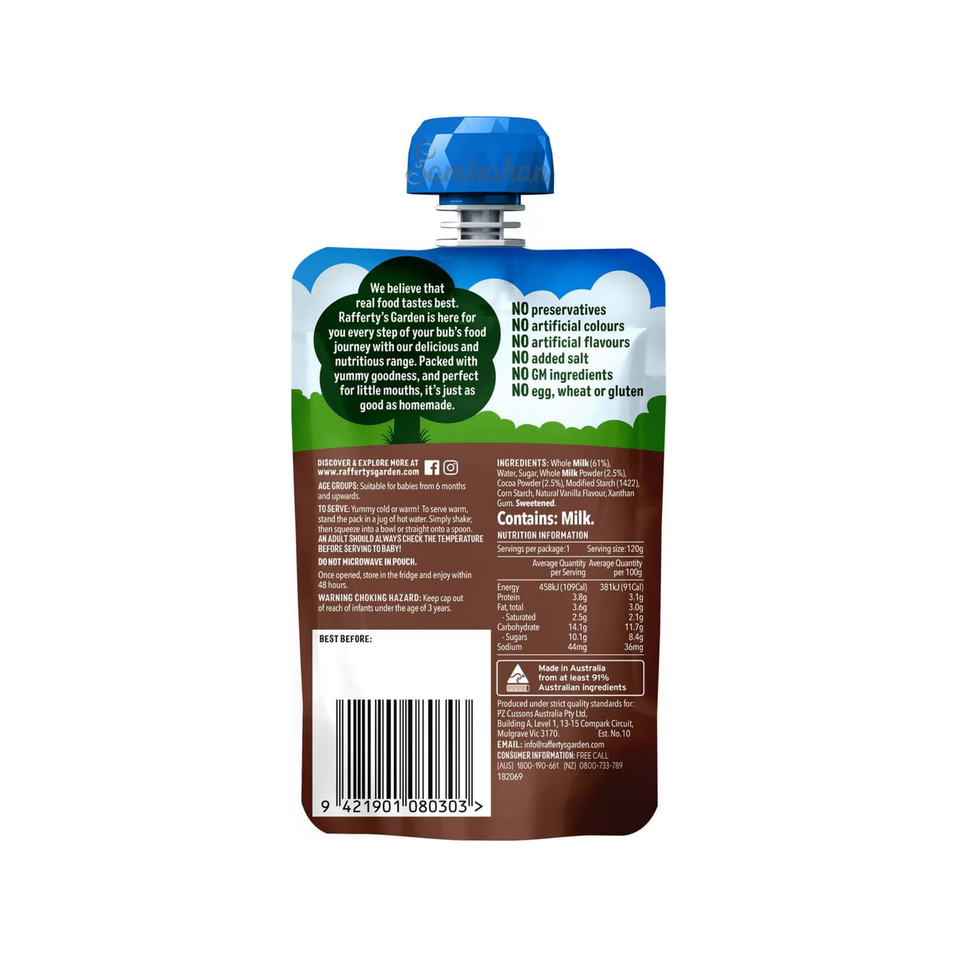 Rafferty's Garden Chocolate Custard Baby Food Pouch 6+ Months is made from premium Australian fruits & vegetables. No artificial colour or flavor. Halal certified. Best imported foreign Australian Aussie genuine authentic premium quality real child snack healthy cheap price in Dhaka Chittagong Sylhet Bangladesh.