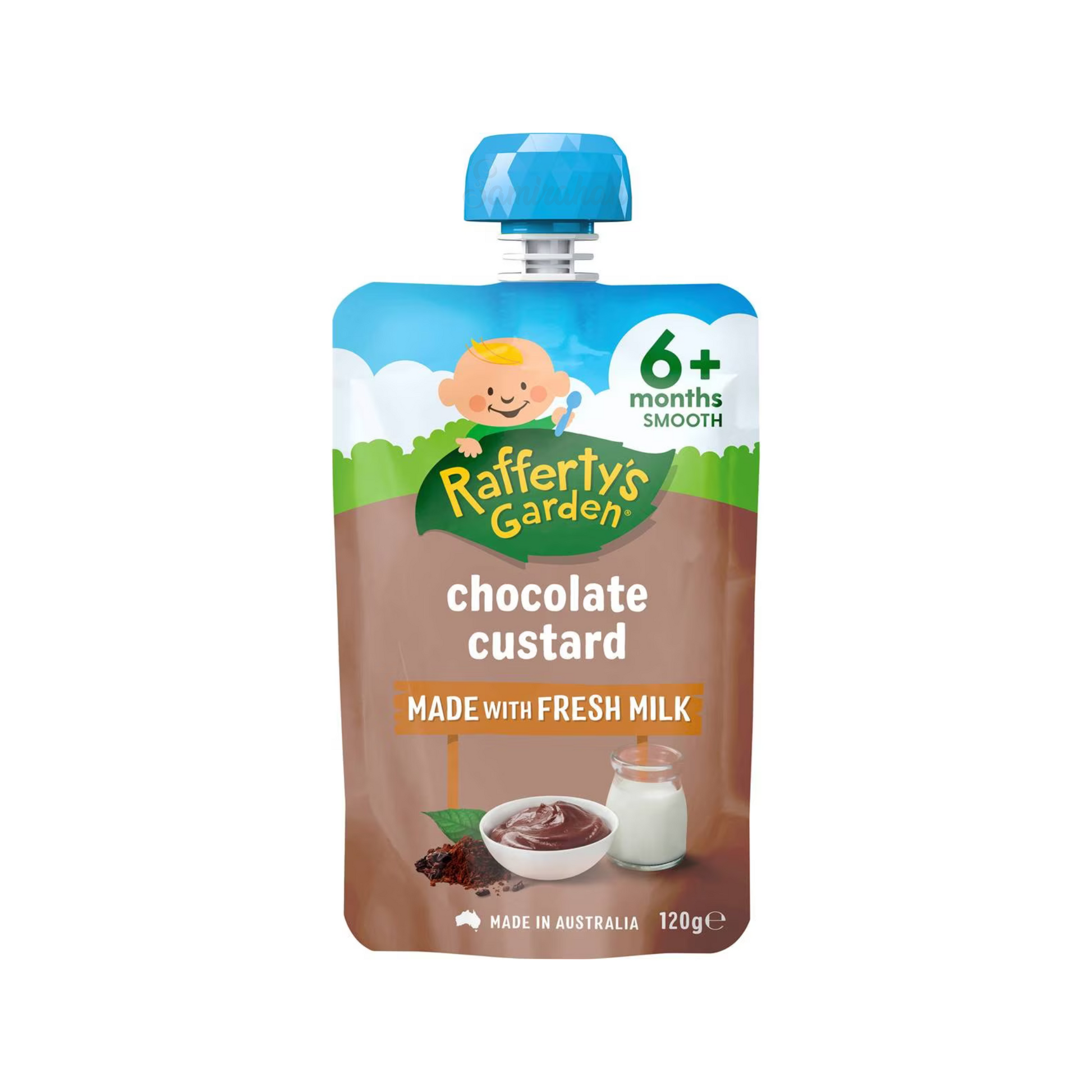 Rafferty's Garden Chocolate Custard Baby Food Pouch 6+ Months is made from premium Australian fruits & vegetables. No artificial colour or flavor. Halal certified. Best imported foreign Australian Aussie genuine authentic premium quality real child snack healthy cheap price in Dhaka Chittagong Sylhet Bangladesh.