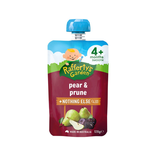 Rafferty's Garden Pear & Prune Nothing Else Baby Food Pouch 4+ Months is made from premium Australian meat fruits & vegetables. No artificial colour or flavor. Halal certified. Best imported foreign Australian Aussie genuine authentic premium quality real child snack healthy price in Dhaka Chittagong Sylhet Bangladesh.
