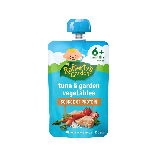 Rafferty's Garden Protein Tuna & Garden Vegetables Baby Food Pouch 6+ Months is made from premium Australian meat fruits & vegetables. No artificial colour or flavor. Halal certified. Best imported foreign Australian Aussie genuine authentic quality real child snack healthy price in Dhaka Chittagong Sylhet Bangladesh.