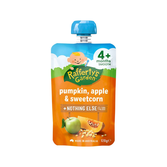 Rafferty's Garden Pumpkin, Apple & Sweetcorn Baby Food Pouch 4+ Months is made from premium Australian fruits & vegetables. No artificial colour or flavors. Halal certified. Best imported foreign Australian Aussie genuine authentic premium quality real child snack healthy price in Dhaka Chittagong Sylhet Bangladesh.