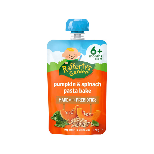 Rafferty's Garden Pumpkin & Spinach Pasta Bake Baby Food Pouch 6+ Months is made from premium Australian fruits & vegetables. No artificial colour or flavor. Halal certified. Best imported foreign Australian Aussie genuine authentic premium quality real child snack healthy price in Dhaka Chittagong Sylhet Bangladesh.