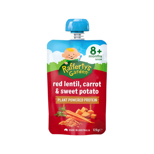 Rafferty's Garden Red Lentil Carrot Sweet Potato Baby Food Pouch 8+ Months is made from premium Australian fruits & vegetables. No artificial colour or flavors. Halal certified. Best imported foreign Australian Aussie genuine authentic quality real child snack healthy price in Dhaka Chittagong Sylhet Bangladesh.