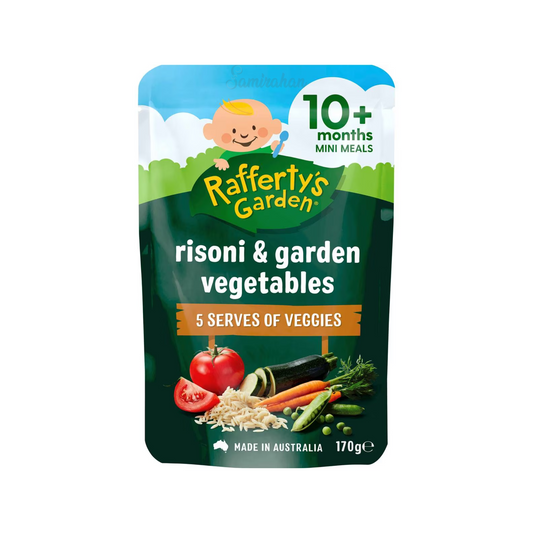 Rafferty's Garden Risoni Pasta & Garden Vegetables Baby Food Pouch 10+ Months is made from premium Australian fruits & vegetables. No artificial colour or flavors. Halal certified. Best imported foreign Australian Aussie genuine authentic quality real child snack healthy price in Dhaka Chittagong Sylhet Bangladesh.