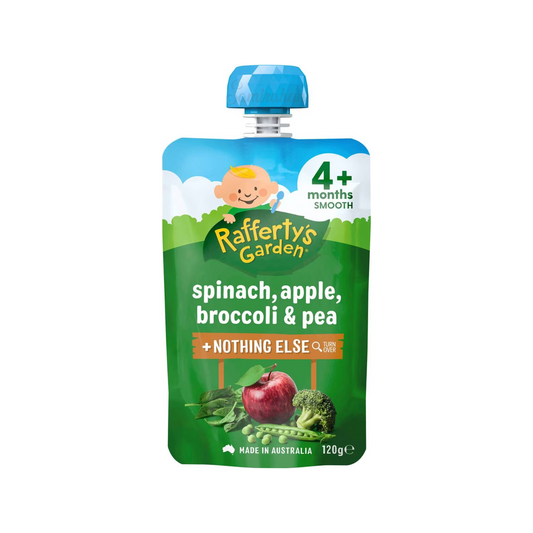 Rafferty's Garden Spinach, Apple , Broccoli & Pea Baby Food Pouch 4+ Months is made from premium Australian fruits & vegetables. No artificial colour or flavors. Halal certified. Best imported foreign Australian Aussie genuine authentic quality real child snack healthy price in Dhaka Chittagong Sylhet Bangladesh.