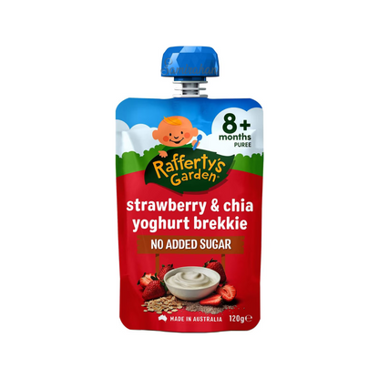 Rafferty's Garden Strawberry & Chia Yoghurt Brekkie Baby Food Pouch 8+ Months is made from premium Australian fruits & vegetables. No artificial colour or flavors. Halal certified. Best imported foreign Aussie genuine authentic quality safe real child snack healthy cheap price in Dhaka Chittagong Sylhet Bangladesh.