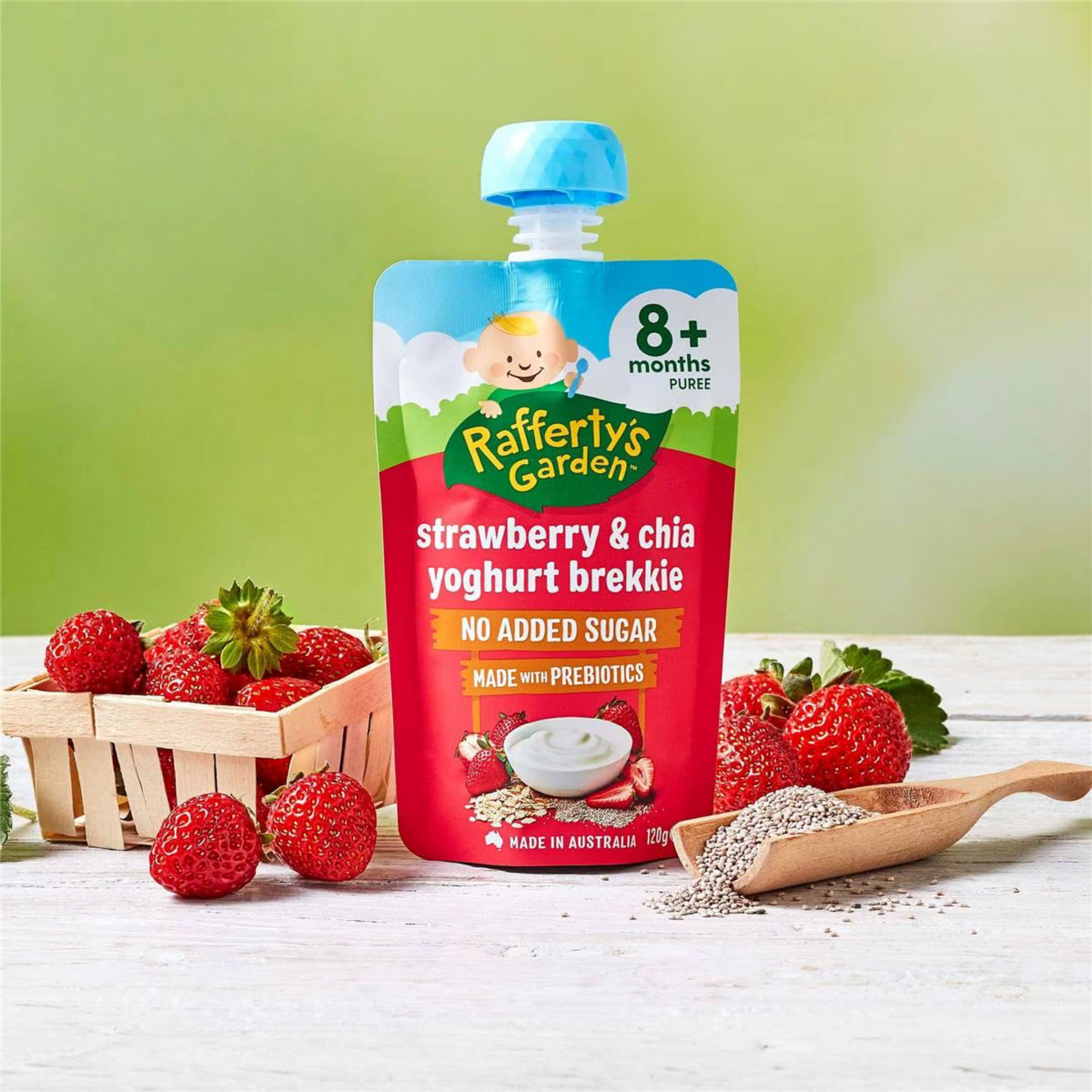 Rafferty's Garden Strawberry & Chia Yoghurt Brekkie Baby Food Pouch 8+ Months is made from premium Australian fruits & vegetables. No artificial colour or flavors. Halal certified. Best imported foreign Aussie genuine authentic quality safe real child snack healthy cheap price in Dhaka Chittagong Sylhet Bangladesh.