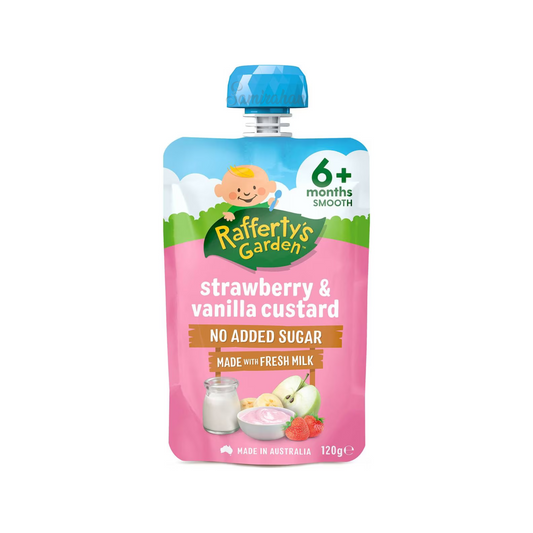Rafferty's Garden Strawberry & Vanilla Custard Baby Food Pouch 6+ Months is made from premium Australian fruits & vegetables. No artificial colour or flavor. Halal certified. Best imported foreign Australian Aussie genuine authentic premium quality real child snack healthy price in Dhaka Chittagong Sylhet Bangladesh.