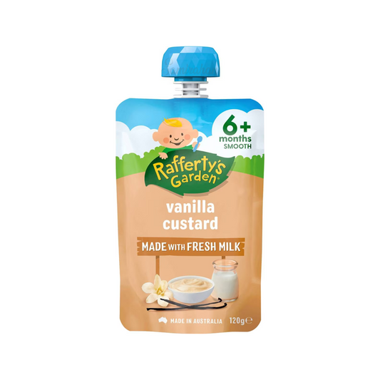 Rafferty's Garden Vanilla Custard Baby Food Pouch 6+ Months is made from premium Australian fruits & vegetables. No artificial colour or flavor. Halal certified. Best imported foreign Australian Aussie genuine authentic premium quality real child snack healthy price in Dhaka Chittagong Sylhet Bangladesh.