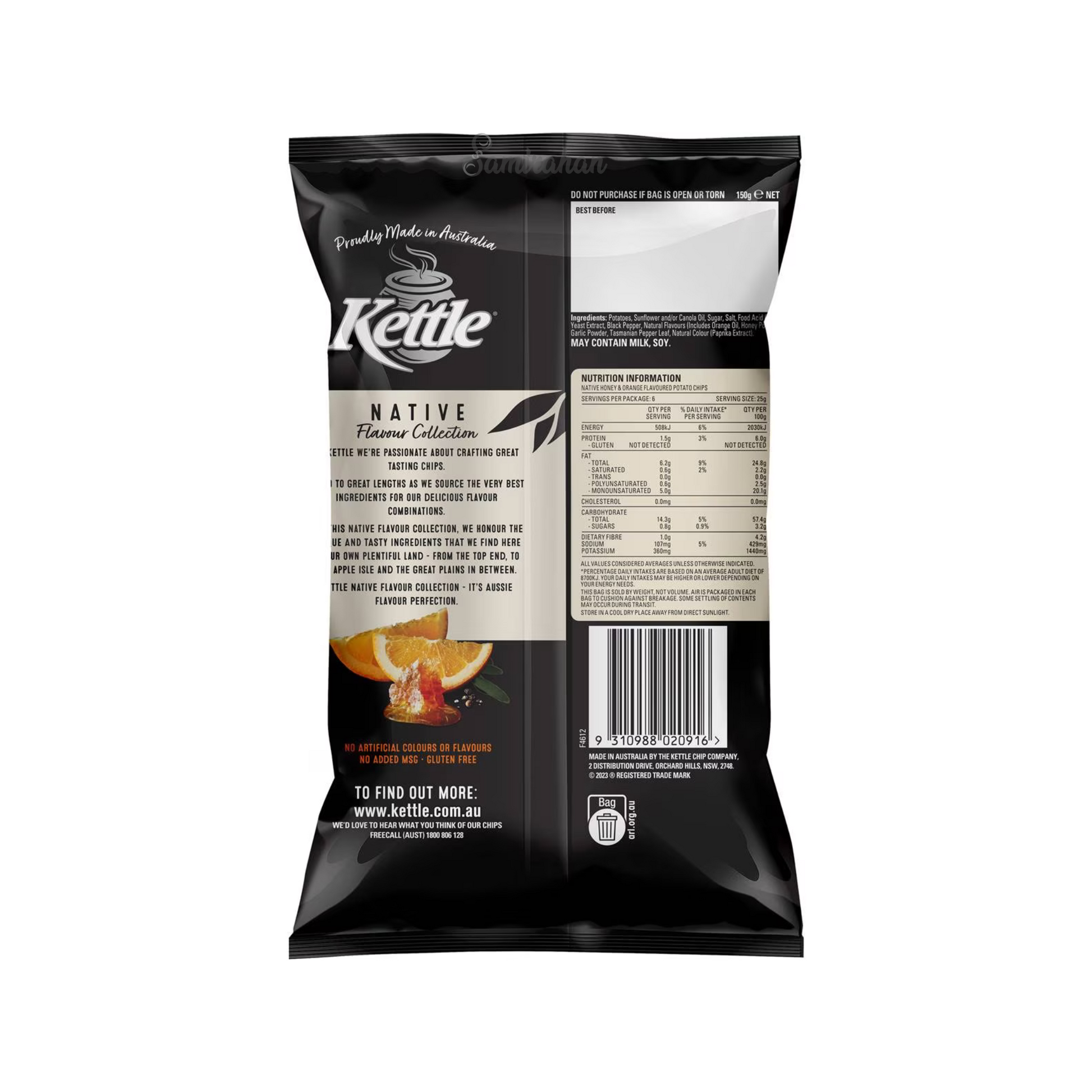 Kettle Native Honey & Orange With Cracked Pepper Potato Chips are made by slowly cooking best quality Australian potatoes. 75% less saturated fat. Halal suitable. Gluten free. Best genuine authentic imported foreign Aussie Australian premium safe real delicious healthy snacks chip cheap price in Dhaka Bangladesh.
