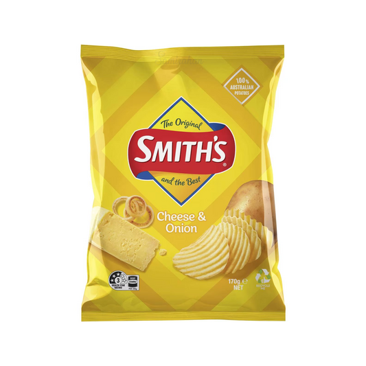 Smith's Crinkle Cut Potato Chips are made with 100% Australian potatoes & real ingredients. Cheese & Onion flavour. No artificial colours or flavours. Halal suitable. Gluten free. Best genuine authentic imported real foreign Aussie Australian delicious safe original healthier snacks alu cheap price in Dhaka Bangladesh.