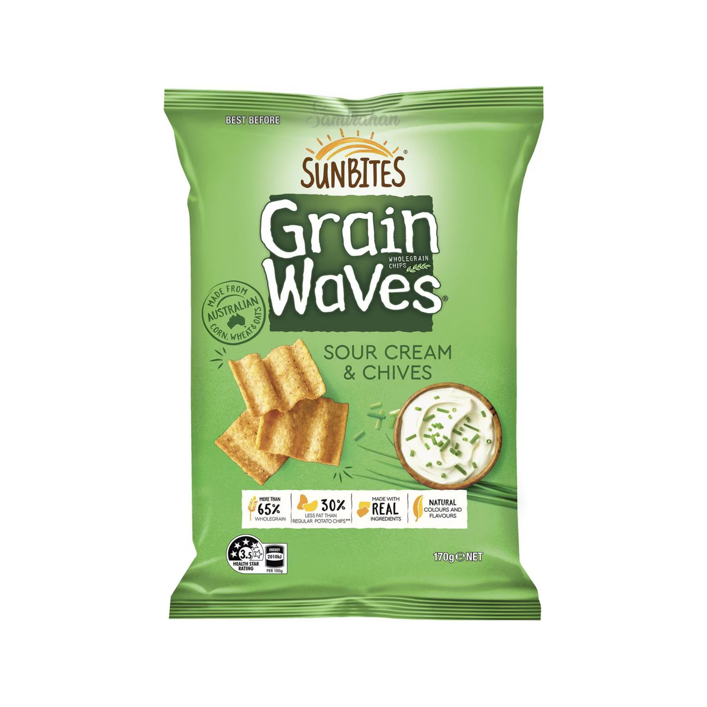 Sunbites Grain Waves Wholegrain Chips Sour Cream & Chives are great tasting Aussie chips made with only real ingredients & packed full of real flavour. No artificial colours, flavours or added MSG. Halal suitable. Best genuine imported foreign uncommon delicious premium snacks alu chip cheap price in Dhaka Bangladesh.