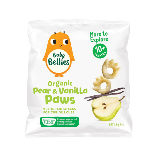 Baby Bellies Organic Pear & Vanilla Paws are multigrain snacks for curious cubs. Second stage snacks in new shapes and textures to keep curious cubs content. Halal suitable. Best imported foreign Australian Aussie genuine authentic premium quality real child snack healthy price in Dhaka Chittagong Sylhet Bangladesh.