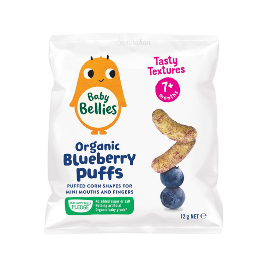 Baby Bellies Organic Blueberry Puffs are puffed corn shapes for mini mouths & fingers. No added sugar or salt. Nothing artificial. Halal suitable. Best imported foreign Australian Aussie genuine authentic premium quality real child snack healthy cheap price in Dhaka Chittagong Sylhet Khulna Rajshahi Bangladesh.