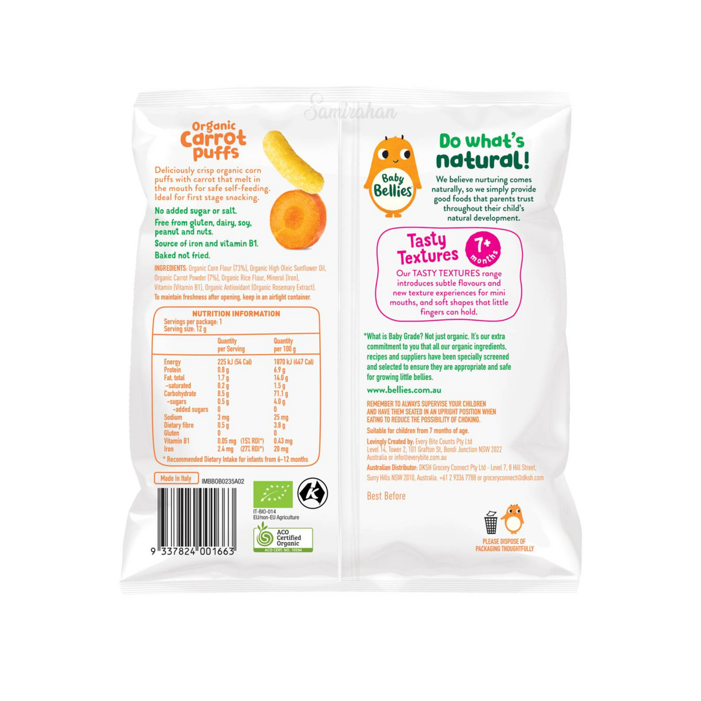 Baby Bellies  Organic Carrot Puffs are puffed corn shapes for mini mouths & fingers. Deliciously crisp puffs with carrot for safe self-feeding. Halal suitable. Best imported foreign Australian Aussie genuine authentic premium quality real child snack healthy price in Dhaka Chittagong Sylhet Bangladesh.
