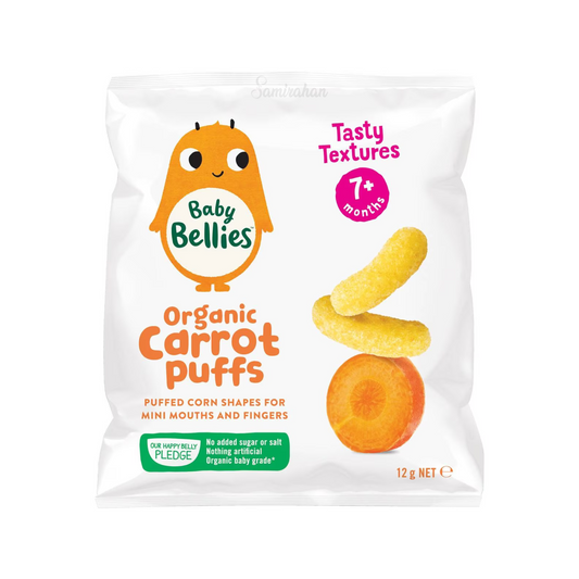 Baby Bellies  Organic Carrot Puffs are puffed corn shapes for mini mouths & fingers. Deliciously crisp puffs with carrot for safe self-feeding. Halal suitable. Best imported foreign Australian Aussie genuine authentic premium quality real child snack healthy price in Dhaka Chittagong Sylhet Bangladesh.