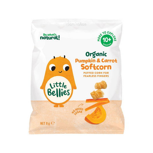 Baby Bellies Organic Pumpkin & Carrot Softcorn are soft puffed corn snacks with pumpkin & carrot that melt in the mouth to encourage safe self-feeding. Halal suitable. Best imported foreign Australian Aussie genuine authentic premium quality real child snack healthy price in Dhaka Chittagong Sylhet Bangladesh.