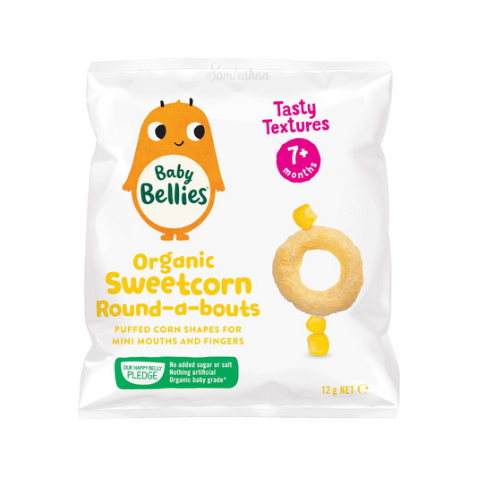Baby Bellies Organic Sweetcorn Round-a-bouts are puffed corn shapes for mini mouths & fingers. Deliciously crispy organic corn rings with sweetcorn for safe self-feeding. Halal suitable. Best imported foreign Australian genuine authentic premium quality child snack healthy price in Dhaka Chittagong Sylhet Bangladesh.