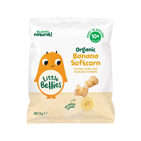 Baby Bellies  Organic Banana Softcorn are soft puffed corn snacks with berry & apple that encourage safe self-feeding. Ideal for second stage snacking.. Halal suitable. Best imported foreign Australian Aussie genuine authentic premium quality real child snack healthy price in Dhaka Chittagong Sylhet Bangladesh.