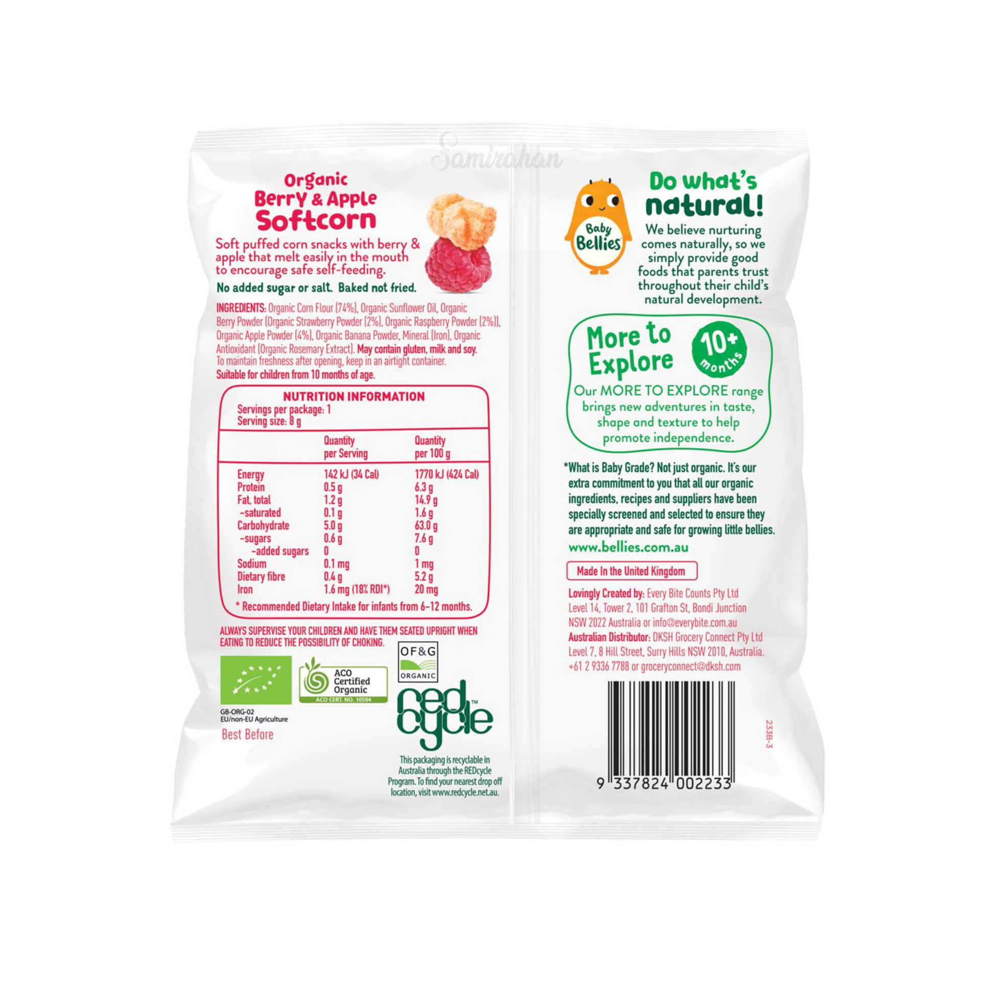 Baby Bellies   Organic Berry & Apple Softcorn are soft puffed corn snacks with berry & apple that encourage safe self-feeding. Ideal for second stage snacking. Halal suitable. Best imported foreign Australian Aussie genuine authentic premium quality real child snack healthy price in Dhaka Chittagong Sylhet Bangladesh.