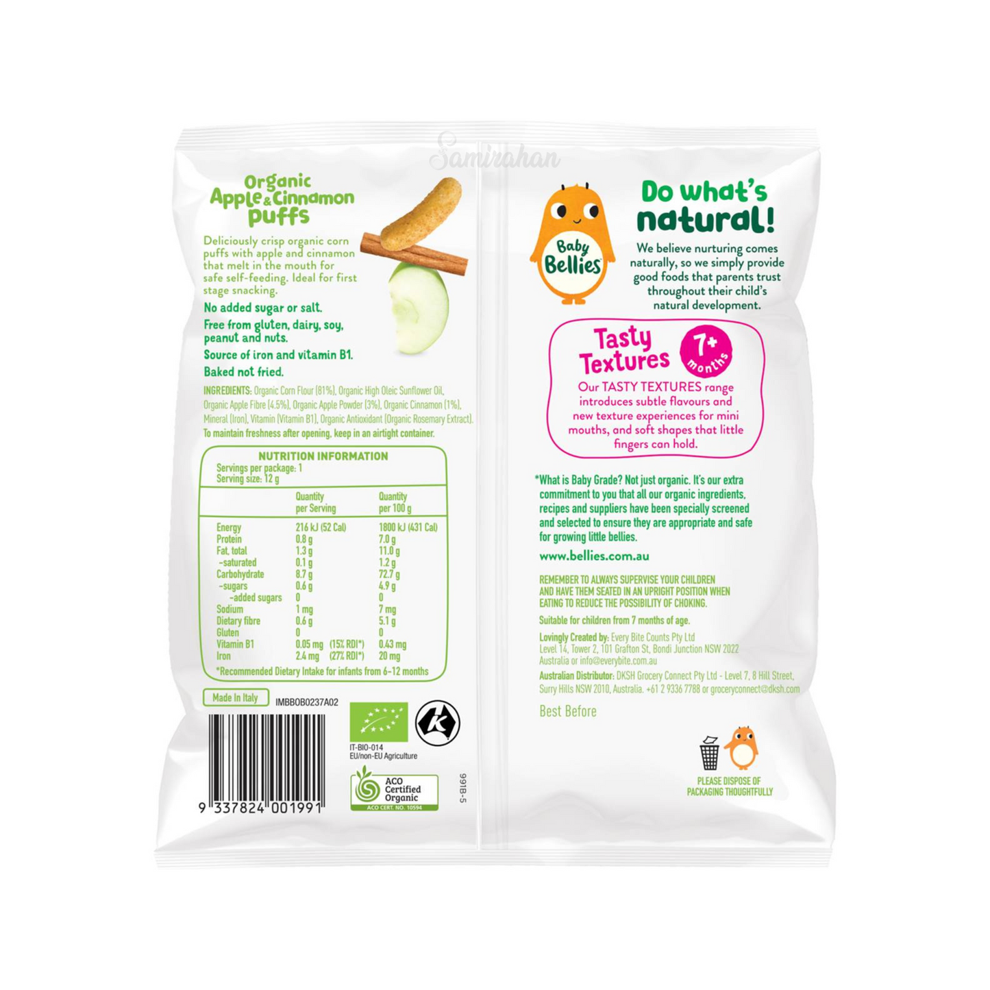 Baby Bellies Organic Apple & Cinnamon Puffs are puffed corn shapes for mini mouths & fingers. No added sugar or salt. Nothing artificial. Halal suitable. Best imported foreign Australian Aussie genuine authentic premium quality real child snack healthy cheap price in Dhaka Chittagong Sylhet Khulna Rajshahi Bangladesh.