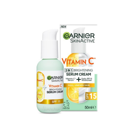 Garnier 2 in 1 Brightening Cream combines the brightening efficacy of Vitamin C serum with the lasting moisture of a SPF 15 daily cream. Concentrated 20% serum enriched in Vitamin C. Best imported foreign Australian French genuine authentic real premium quality skincare beauty cosmetics price in Dhaka, Bangladesh.