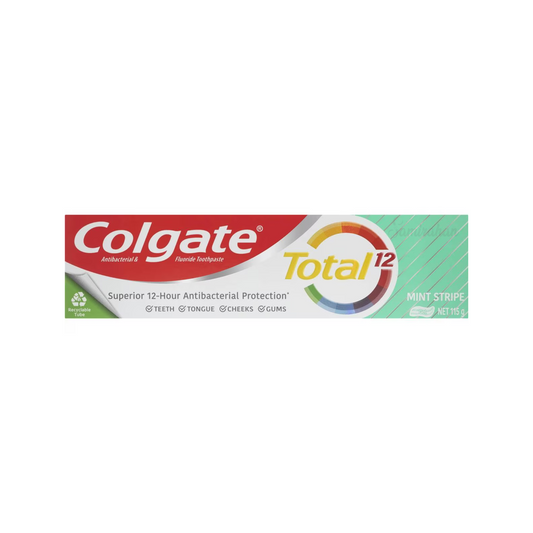 Colgate Total Mint Stripe Gel Antibacterial Toothpaste is a fluoride, multi benefit toothpaste. Suitable for daily use & reduces bacteria on teeth, tongue, cheeks & gums. Sugar Gluten free. Best genuine authentic imported foreign Australian premium real quality dental health cheap price in Dhaka Chittagong Bangladesh.