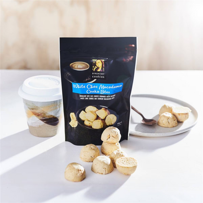 Byron Bay White Choc Macadamia Shortbread Bites are indulgent bite size cookies crammed with decadent white choc chunks and crunchy macadamia nuts. Halal certified. Best imported foreign genuine authentic real snack Australian Aussie premium quality sweets healthy biscuits cheap price in Dhaka Sylhet Bangladesh.