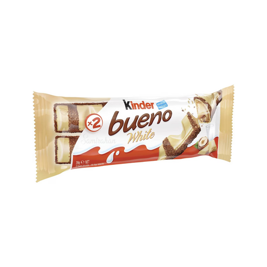 Kinder Bueno White Chocolate is a a delicate crispy wafer covered with white chocolate & filled with a smooth hazelnut cream. Halal suitable. Best imported foreign Australian Aussie genuine authentic premium quality sweets gift idea candy real snack choco cocoa price in Dhaka Chittagong Sylhet Bangladesh.