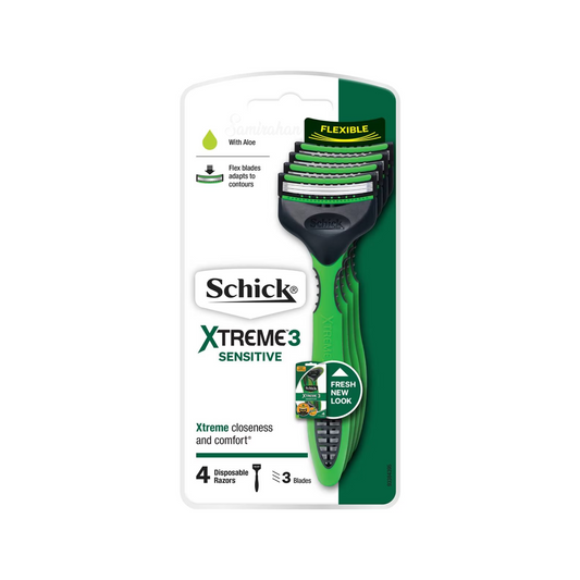 Schick Xtreme 3 Sensitive Men's Disposable Razor, with aloe vera, are flexible & adapt to the contours of your face for an extremely close & comfortable shave. Best imported foreign Australian authentic shaving genuine safe original brand quality makeover male hygiene cheap price in Dhaka Chittagong Sylhet Bangladesh.