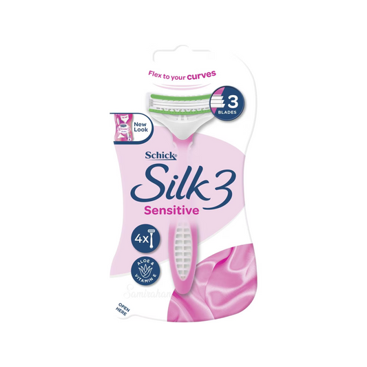 Schick Silk 3 Sensitive Women's Disposable Razor has 3 blades that flex & pivot to adapt to the curves of your body. Best imported foreign Australian authentic shaving genuine safe original brand quality makeover male hygiene cheap price in Dhaka Chittagong Sylhet Rajshahi Comilla Barisal Khulna Cox's Bangladesh.