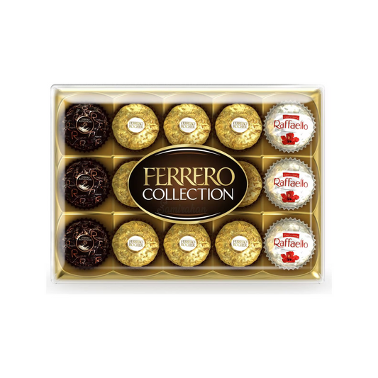 Ferrero Collection Gift Box contains Rocher, Raffaello & Rondnoir premium chocolates, the perfect gift to make any celebration or occasion special including birthdays or valentine's day. Halal suitable. Best imported foreign Australian Aussie genuine sweets choco candy real snack cocoa cheap price in Dhaka Bangladesh.