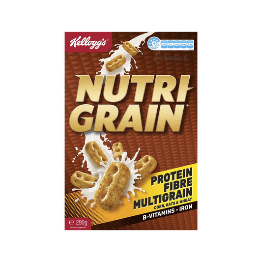 Kellogg's Nutri Grain Protein Breakfast Cereal made with wheat, oats & corn is a source of protein & fibre, a great way to start the day. Halal. No artificial colours, flavours or preservatives. Best imported authentic genuine foreign Australian Aussie meal food healthy health nutrition cheap price in Dhaka Bangladesh.