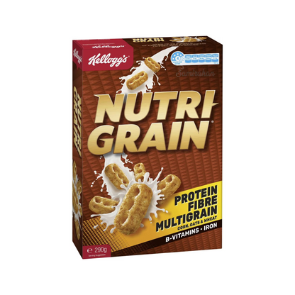 Kellogg's Nutri Grain Protein Breakfast Cereal made with wheat, oats & corn is a source of protein & fibre, a great way to start the day. Halal. No artificial colours, flavours or preservatives. Best imported authentic genuine foreign Australian Aussie meal food healthy health nutrition cheap price in Dhaka Bangladesh.