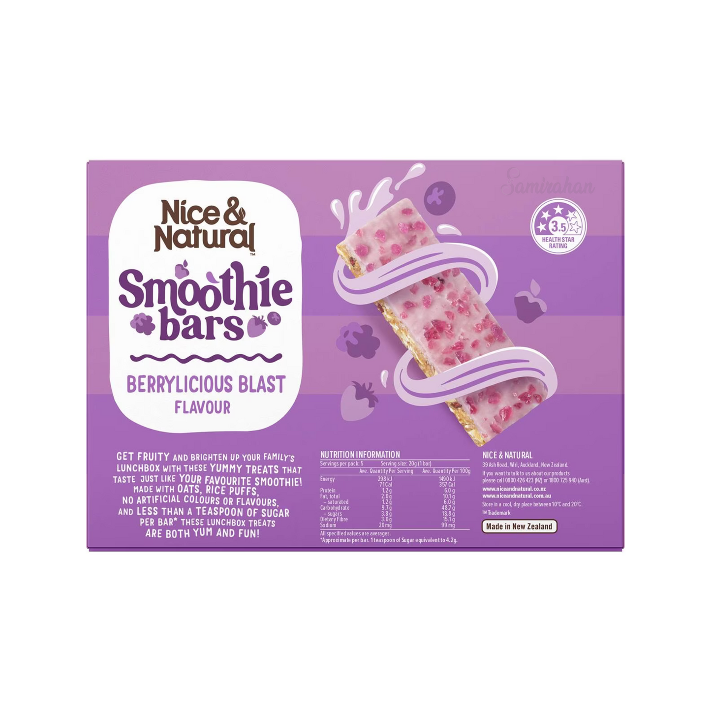 Nice & Natural Smoothie Bar Berrylicious Blast, made with oats & rice puffs, is a source of fibre & has less than a teaspoon of sugar per bar. Best imported foreign Australian Aussie authentic original genuine premium luxury gift ideas fitness health food snack cereal breakfast healthy eats price in Dhaka Bangladesh.