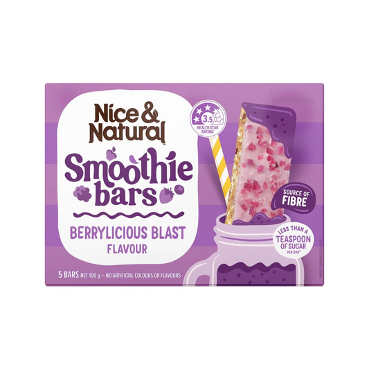 Nice & Natural Smoothie Bar Berrylicious Blast, made with oats & rice puffs, is a source of fibre & has less than a teaspoon of sugar per bar. Best imported foreign Australian Aussie authentic original genuine premium luxury gift ideas fitness health food snack cereal breakfast healthy eats price in Dhaka Bangladesh.